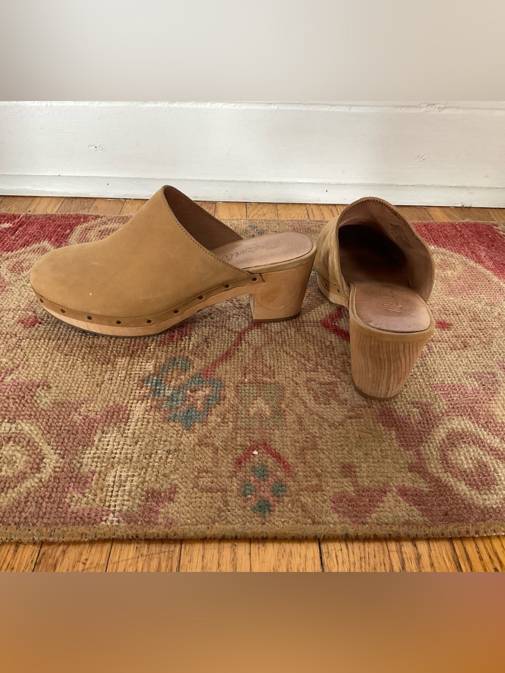 Madewell Tan Suede Clog Mules with Wood Block Heel - Picture 2 of 3